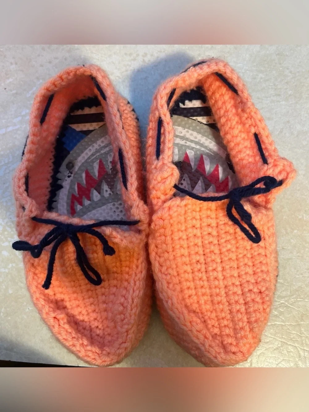 Cozy Peach Crochet Kids Moccasins with Navy Accent